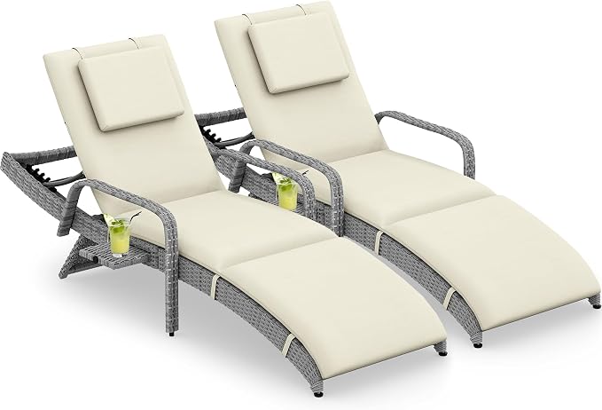 YITAHOME Patio Chaise Lounge Chair Set of 2, Wicker Chaise Lounge Outdoor Rattan Reclining Chair with Armrests/Pull-Out Cup Holder/5-Position Backrest/Cushion & Headrest-Beige