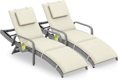 YITAHOME Patio Chaise Lounge Chair Set of 2, Wicker Chaise Lounge Outdoor Rattan Reclining Chair with Armrests/Pull-Out Cup Holder/5-Position Backrest/Cushion & Headrest-Beige