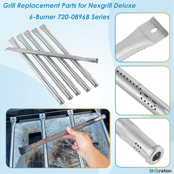 Grill Parts for Nexgrill Deluxe 6-Burner 720-0896B 720-0896E 720-0896C 720-0896X, Heat Shield and Burner Kit for Nexgrill 720-0896B Replacement Parts Nexgrill Replacement Parts 6 Burner