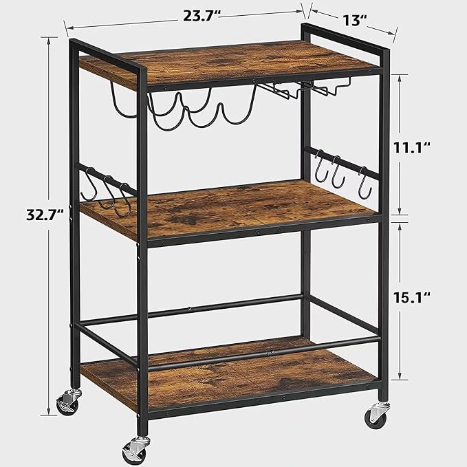 TUTOTAK Bar Cart with Wheels, Drink Cart with Wine Rack and Glass Holder | 3-Tier 23.7 Inch Wide Home Bar Serving Carts, Small Mobile Kitchen Shelf with 6 Hooks, Rustic Brown BC01BB030