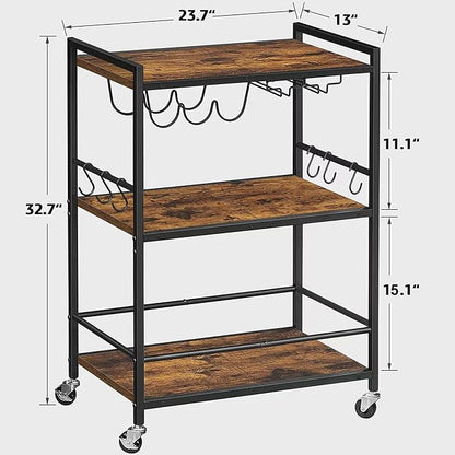TUTOTAK Bar Cart with Wheels, Drink Cart with Wine Rack and Glass Holder | 3-Tier 23.7 Inch Wide Home Bar Serving Carts, Small Mobile Kitchen Shelf with 6 Hooks, Rustic Brown BC01BB030