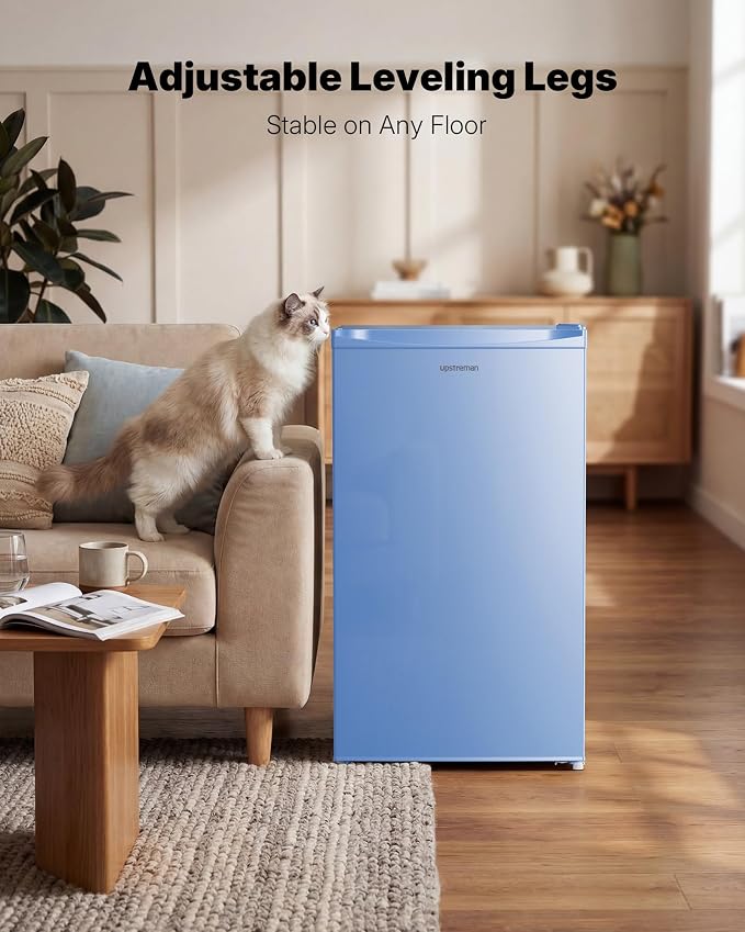 Upstreman 3.2 Cu.Ft Mini Fridge with Freezer, Blue-BR321 | Adjustable Thermostat, Energy Saving, Low Noise, Reversible Door, Small Refrigerator for Dorm, Bedroom, Office