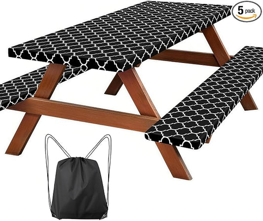 Picnic Table Cover with Bench Covers, Waterproof Tablecloth Set, Morocco | Fitted 6ft Tables, for Outdoor Camping, RV, Includes 1 Table Cover(30"x72"), 2 Bench Covers(72"x12"), Drawstring Storage Bag