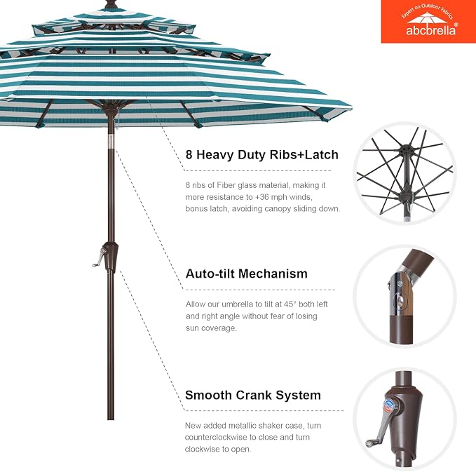 ABCCANOPY 9FT 3-Tier OLEFIN® Patio Umbrella with Stripe, 5-Year No Fading | Heavy Duty Fade-Resistance Outdoor Umbrella, 8 Sturdy Ribs, Tilt, Crank for Backyard, Garden, Yard, Pool, Turquoise Stripe