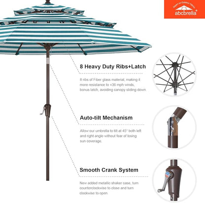 ABCCANOPY 9FT 3-Tier OLEFIN® Patio Umbrella with Stripe, 5-Year No Fading | Heavy Duty Fade-Resistance Outdoor Umbrella, 8 Sturdy Ribs, Tilt, Crank for Backyard, Garden, Yard, Pool, Turquoise Stripe
