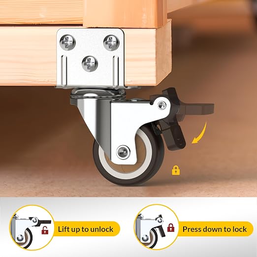 HOLKIE 2 Inch Side Mount Casters Set of 4 Supporting Up to 250 LBS Heavy Duty Furniture Wheels with Thickened L-Shaped Mounting Plate Ideal for Coffe Tables、Plant Stands、Cribs（2 with Brakes）