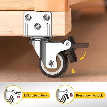 HOLKIE 2 Inch Side Mount Casters Set of 4 Supporting Up to 250 LBS Heavy Duty Furniture Wheels with Thickened L-Shaped Mounting Plate Ideal for Coffe Tables、Plant Stands、Cribs（2 with Brakes）