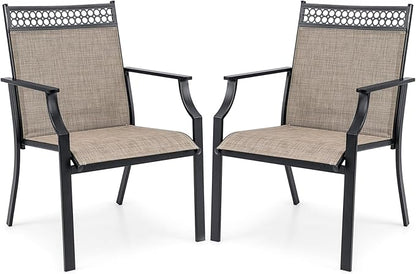 Giantex Patio Chairs Set of 2, Outdoor Chairs with All Weather Fabric, High Backrest, Armrests, Heavy Duty Metal Armchair, Outside Dining Chairs for Porch Lawn Garden Yard Pool (Light Brown & Black)