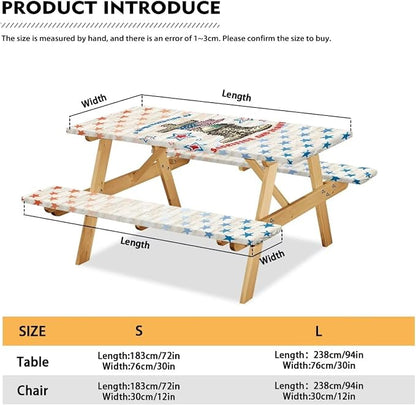 Memorial Day Outdoor Picnic Table Cover Cemetery Decorations Outdoor 3 PCS Set Fitted Picnic Table Cover for Outdoor Camping