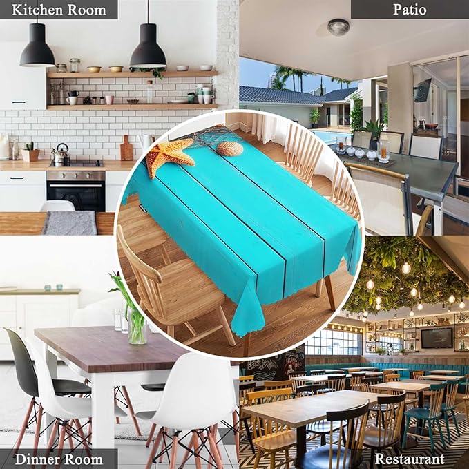 Swono Beach Table Cloth Tropical Fish Net Seashells Starfish Blue Wood Rectangle Tablecloth Picnic Table Cover BBQ Table Cloths Polyester for Kitchen Camping BBQ 50x72 Inch