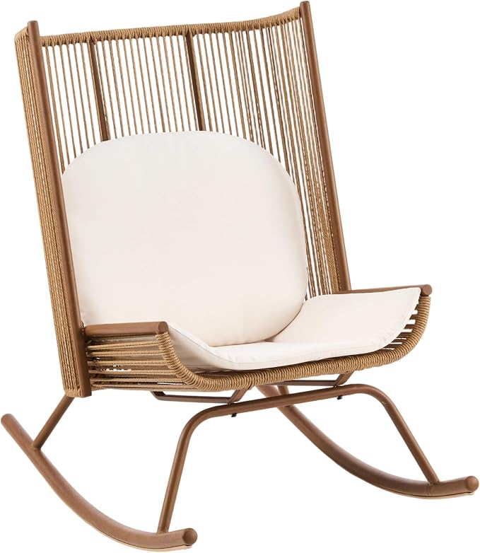 Christopher Knight Home Lumin Outdoor Rocking Chair, High Back PE Rattan Wicker Rocker with Metal Frame, Rocking Chair with Cushion, Comfort Rocker with Ergonomic Design for Patio or Lounge, Brown
