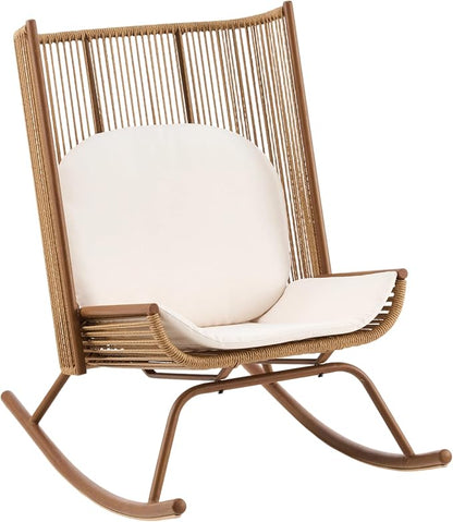Christopher Knight Home Lumin Outdoor Rocking Chair, High Back PE Rattan Wicker Rocker with Metal Frame, Rocking Chair with Cushion, Comfort Rocker with Ergonomic Design for Patio or Lounge, Brown