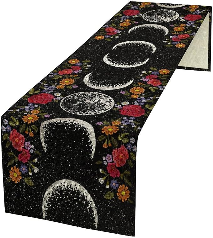 Boho Moonlit Garden Flower Table Runner,Moon Phase Floral Long Table Runner Cover for Wedding Kitchen Party Holiday Dining Home Everyday 13x60 Inch