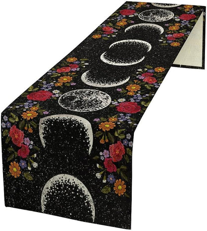 Boho Moonlit Garden Flower Table Runner,Moon Phase Floral Long Table Runner Cover for Wedding Kitchen Party Holiday Dining Home Everyday 13x60 Inch