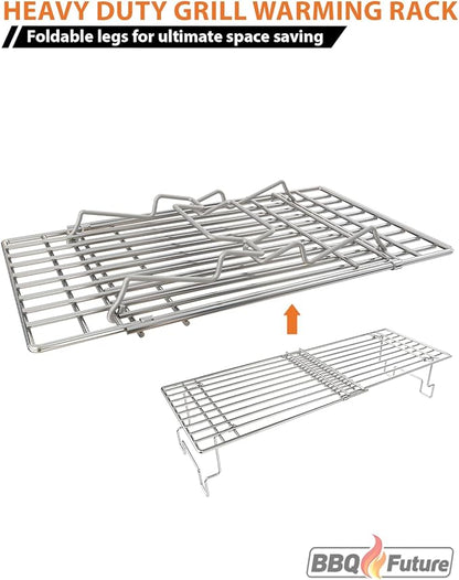 BBQ Future Universal Adjustable Warming Rack for Grills, Folding Stainless Steel Upper Rack for Pit Boss Traeger Pellet Smoker Weber Charbroil Gas Grill Blackstone Griddle & More, Dishwasher Safe