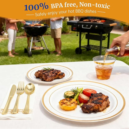 AIRE 175PCS Gold Plastic Plates for Party Supplies Dinnerware Sets for 25 Guests, Disposable Plastic Party Plates, Cups, Spoons, Forks, Knives, Napkins for Wedding Birthday Thanksgiving BBQ Parties