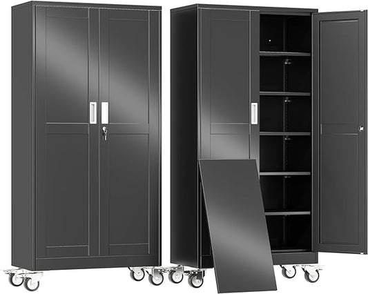 erosoei 74" H Metal Garage Storage Cabinet, Rolling Tool Cabinet with 2 Doors and Wheels, Locker Steel Cabinet with 5 Adjustable Shelves, Organization Cabinet for Garage,Office,Home,Gym,School（Black）