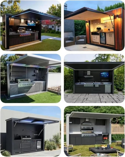 Outdoor Kitchen Island with Burner Gas Grill & Refrigerator, Modular BBQ Station with Rotisserie, Sink, Storage & Covered Roof – Premium Outdoor Kitchen Pod for Luxury Backyard, Villa, Resort
