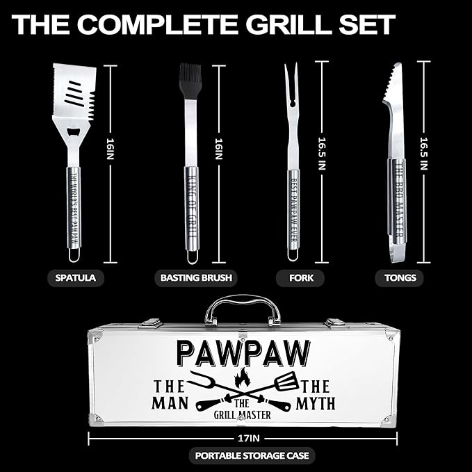 Paw Paw Gifts, Pawpaw Gifts from Grandkids Heavy Duty Grilling Accessories Kit for Backyard BBQ, Thick Stainless Steel Grill Utensils with Non-Slip Handle Tool fo r Man Fathers Day