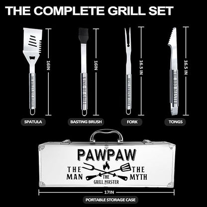 Paw Paw Gifts, Pawpaw Gifts from Grandkids Heavy Duty Grilling Accessories Kit for Backyard BBQ, Thick Stainless Steel Grill Utensils with Non-Slip Handle Tool fo r Man Fathers Day