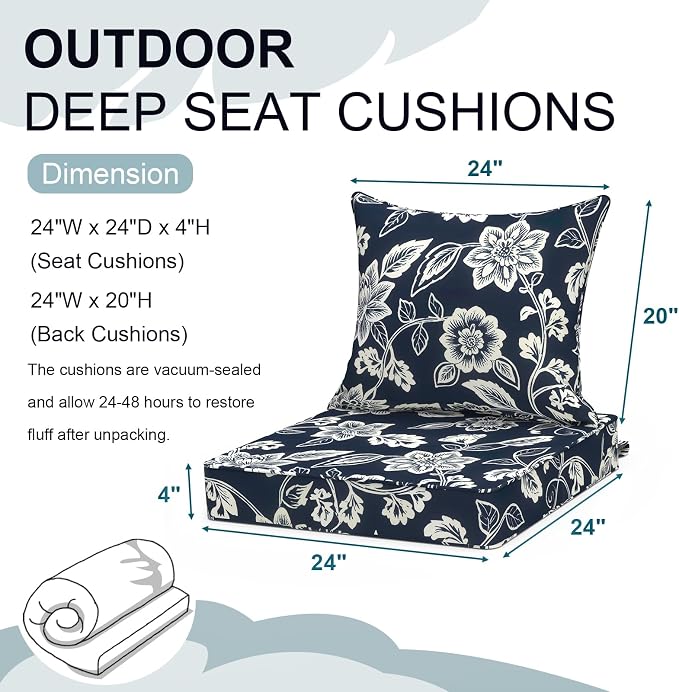 DYTXIII Outdoor Deep Seat Cushion Set, Water Repellent 24"x24" Patio Thick Cushions Replacement with Seat & Back Pillow for Patio Sofa, Wicker Chair, Couch - Vines Navy