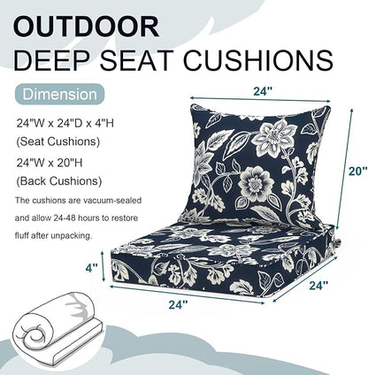 DYTXIII Outdoor Deep Seat Cushion Set, Water Repellent 24"x24" Patio Thick Cushions Replacement with Seat & Back Pillow for Patio Sofa, Wicker Chair, Couch - Vines Navy
