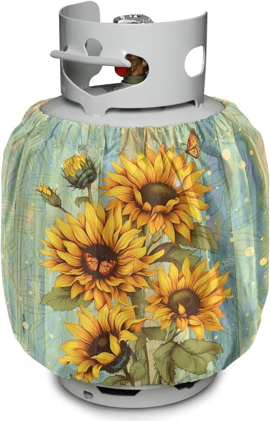 Rv Dual Propane Tank Cover Double 20 lbSunflower Wood Print Gas Tank Cover Outdoor 600D Heavy Duty Waterproof Covers Fits Standard 20 lb Cylinder, 13.7'' x 16.5''