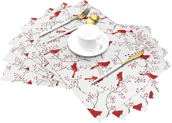 Cardinal Bird Red Berry Decor Placemats Set of 4 Linen 12x18 Inch | Decorative Table Mats for Kitchen Dining Table Heat Resistant Washable Place Mats Home Holiday Decor