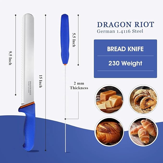 DRAGON RIOT Bread Knife 10 Inch, Ultra Sharp Serrated Bread Knife, German 1.4116 Stainless Steel Bread Slicer, Professional Bread Cutter for Sourdough, Baguette, Bagel & Cake, Non-Slip Blue Handle