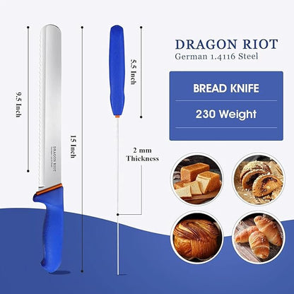 DRAGON RIOT Bread Knife 10 Inch, Ultra Sharp Serrated Bread Knife, German 1.4116 Stainless Steel Bread Slicer, Professional Bread Cutter for Sourdough, Baguette, Bagel & Cake, Non-Slip Blue Handle