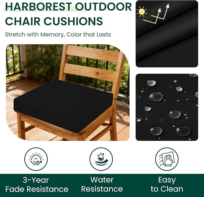 HARBOREST Outdoor Chair Cushions Set of 4, Water Resistant Patio Chair Cushions with Ties, Square Corner Outdoor Seat Cushions for Patio Furniture, 18.5"x16"x3", Black