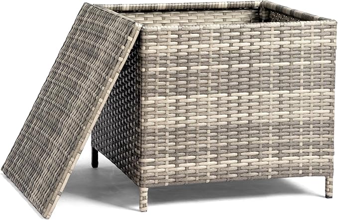 VINGLI 27 Gallon Outdoor Deck Box, Wicker Outdoor Storage Box with Lid, Small Storage Bin Container for Outside and Patio, Patio Rattan Side Table for Yard Porch (Grey, Square)