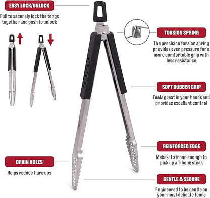 Dropkick Your Old Tongs, GRILLHOGS 16-Inch 2 Pack Barbecue Tongs Are the Only Equipment That Can Handle Your Massive Meat, Stainless Steel + Soft Grip, Dishwasher Safe, Premium Grill Tongs