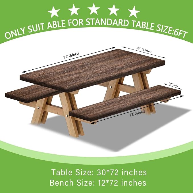 JAWO Vintage Brown Rustic Wooden Picnic Table Cover with Bench Covers, Modern Camping RV Essentials Gear Supplies Outdoor Waterproof Windproof Tablecloth with Elastic, 30X60in