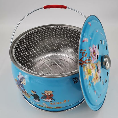 Grill for Outdoor 12.2-inch Round Shape Charcoal Grill Brazier with Handle and Vibrant Color Pattern Outdoor Camping Courtyard Picnic Roast Meat Home BBQ Charcoal Oven Barbecue Grill ( Color : Blue )