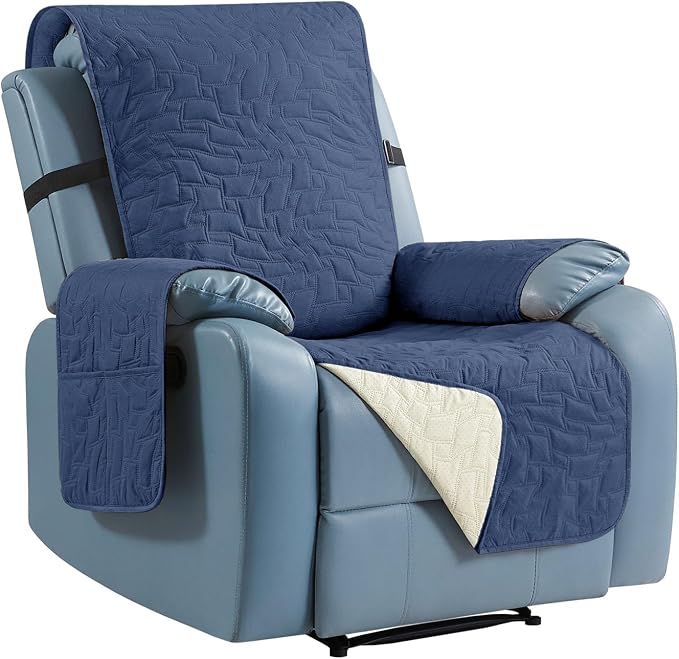 CUCRAF Non Slip Quilted Sofa Cover, Water Resistant Slipcover Furniture Protector for 1 Cushion Sofa Pet Friendly, Washable Couch Cover with Adjustable Elastic Straps (Small Recliner, Dark Blue)