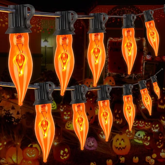 Halloween Lights 27.8 FT Flickering Flame String Lights with 25 Orange C18 Light Bulbs Twinkle C18 E12 Base Flame Lights Indoor Outdoor for Halloween Decorations