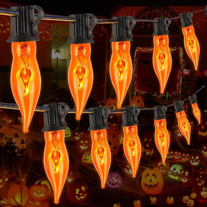 Halloween Lights 27.8 FT Flickering Flame String Lights with 25 Orange C18 Light Bulbs Twinkle C18 E12 Base Flame Lights Indoor Outdoor for Halloween Decorations