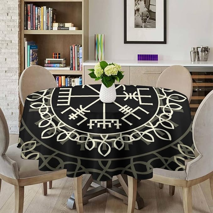 Vintage Viking Pattern Round Tablecloth, Viking Ancient Runic Scandinavian Celtic Seasonal Table Cloth Waterproof Wipeable Table Cover for Picnic Holiday Party Kitchen Dining 70"