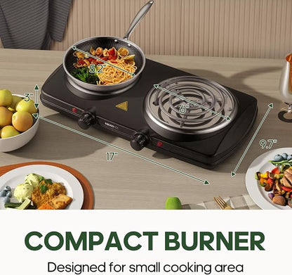 Double Burner Hot Plate Electric, 1800 Watts Electric Burner with 5.2" & 6" Coiled Element, Adjustable Temperature, for Dorm, Office, Home, Camp, Compatible for All Cookwares