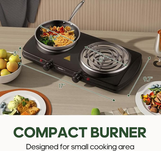 Double Burner Hot Plate Electric, 1800 Watts Electric Burner with 5.2" & 6" Coiled Element, Adjustable Temperature, for Dorm, Office, Home, Camp, Compatible for All Cookwares