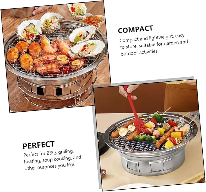HEMOTON Portable Korean Style Stainless Steel Charcoal Barbecue Grill Small Outdoor Bbq Stove with Grate for Camping and Housewarming