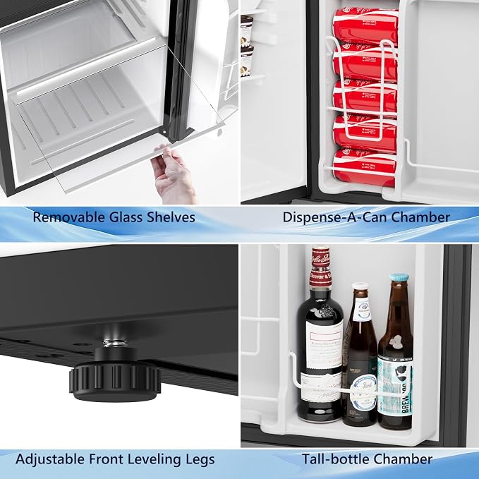 COWSAR 2.6 Cu.Ft Mini Fridge with Freezer, Quiet Reversible Door Compact Refrigerator, Small Refrigerator with 2 Removable Shelves, Adjustable Thermostat, for Office, Bedroom, Dorm, Black