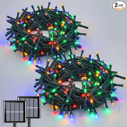 QITONG 2 Pack Multicolor Solar Christmas Lights, Each 33ft 100 LED String Lights Outdoor Waterproof, 8 Modes Green Wire Colored Solar Light for Outside Christmas Decorations