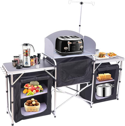 Nice C Camping Kitchen Table, Folding Cook Table, Cook Station (Silver) | Portable Grill Table, Upgraded Light Stand, Windshield, 3 Organizers, Carry Bag, Grill, Outdoor, Beach, BBQ, Picnic, Cooking