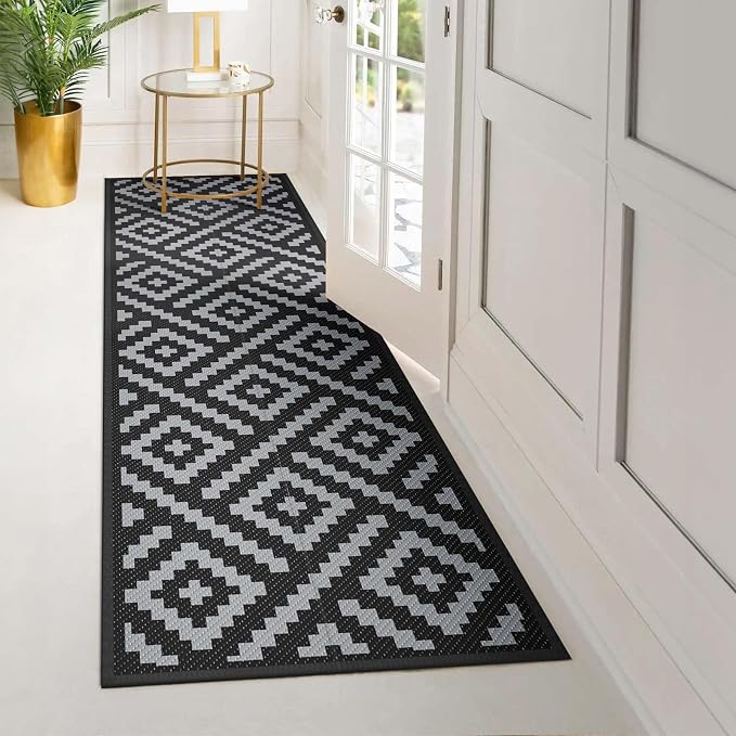 GENIMO Outdoor Rug, Waterproof Plastic Runner Rugs, 2.5'x8' Black Grey | Outside Modern Carpet Mat for Patio Decor, Porch, Deck, Balcony, Camping, RV, Picnic, Beach, Reversible, Foldable