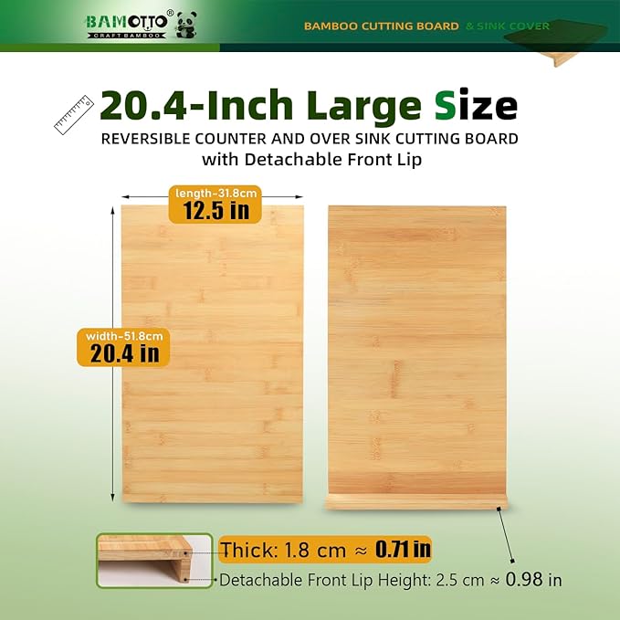 BAMOTTO CRAFTBAMBOO 12.5x20.4 Inch Bamboo Cutting Board, Built-in Front Lip, Flat Both Sides, Non-Slip RV Camper Stove Cover, Over Sink Chopping Board for Small Kitchen, Lightweight 4.76 lbs