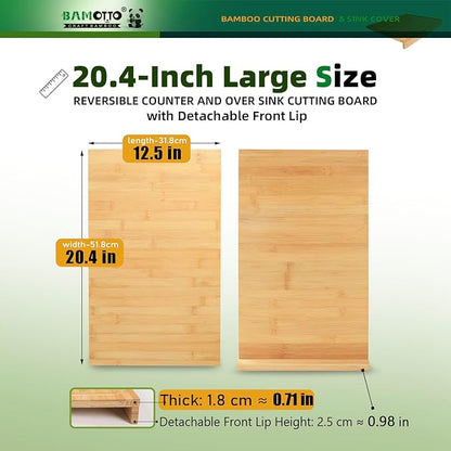 BAMOTTO CRAFTBAMBOO 12.5x20.4 Inch Bamboo Cutting Board, Built-in Front Lip, Flat Both Sides, Non-Slip RV Camper Stove Cover, Over Sink Chopping Board for Small Kitchen, Lightweight 4.76 lbs