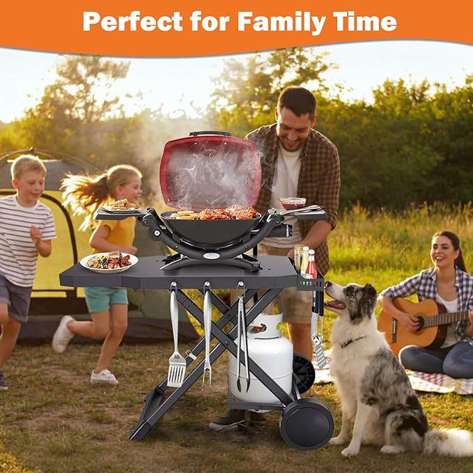 Grill Cart for Weber Q1200, Q1000, Q2200, Q2400, Portable Grill Stand for Blackstone 17"& 22" Table Top Griddles, Foldable Grill Cart for Pizza Ovens with Shelf for Gas Cylinder