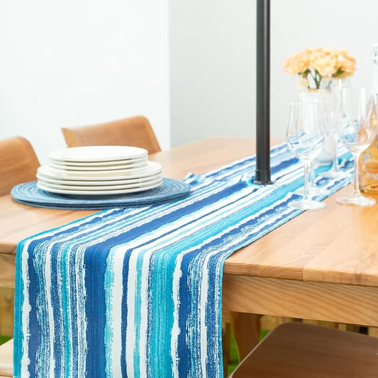 YiHomer Indoor Outdoor Tabletop for Spring Summer Decorations, Picnics and Dinner Parties - Stain and Water Resistant, Crayon Art (Ocean), Zipper Table Runner, 14 x 108 with Umbrella Hole